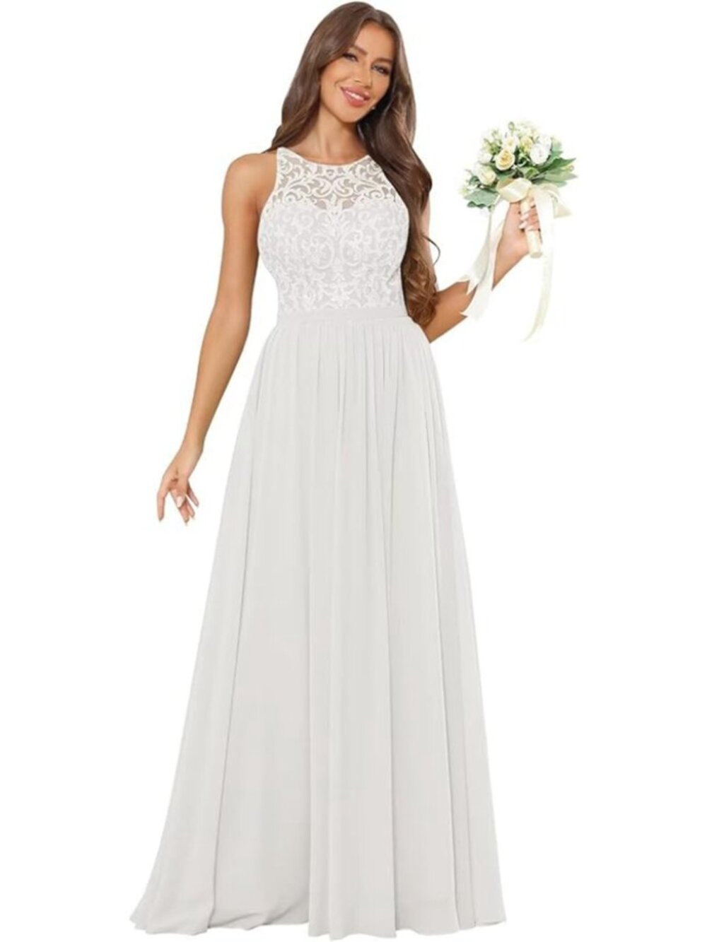 Women's Thinyfull Ivory Lace Applique Halter Maxi Dress Size 14